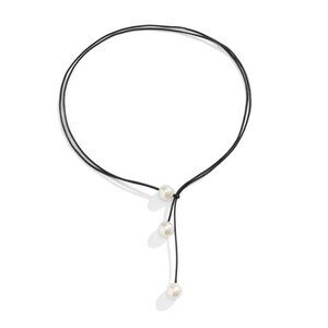 Faux Pearl Lariat Necklace – Adjustable Black Cord – Modern Y Necklace for Women